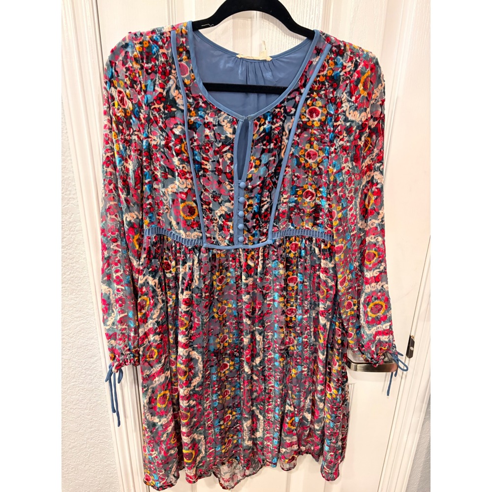 Floreat Anthropologie Dress Blue Silk Burnout Velvet Floral Boho Mini S